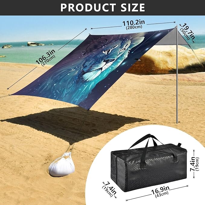 Linear Lion Blue Beach Tent Sun Shelter 9.2' x 10.5' Beach Canopy with 4 Sandbags 4 Stability Poles Sand Shovels - Tent Canopy for Beach Camping Fishing Picnics