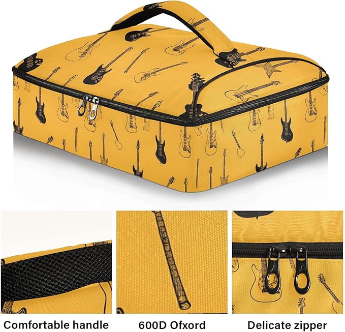Casserole Carrier Pattern Black Electric GuitarsInsulated Casserole Carrier for Hot or Cold Food Thermal Lunch Tote for Potluck Parties Picnic Beach Fits 9 x 13 Inches Baking Dish