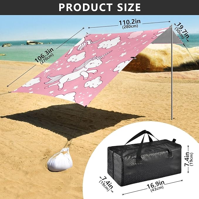 Cartoon Cute Pink Lively Unicorn Camping Sun Shelter Beach Tent Portable Beach Sun Shade Outdoor Canopy for Camping Trips Fishing Picnic