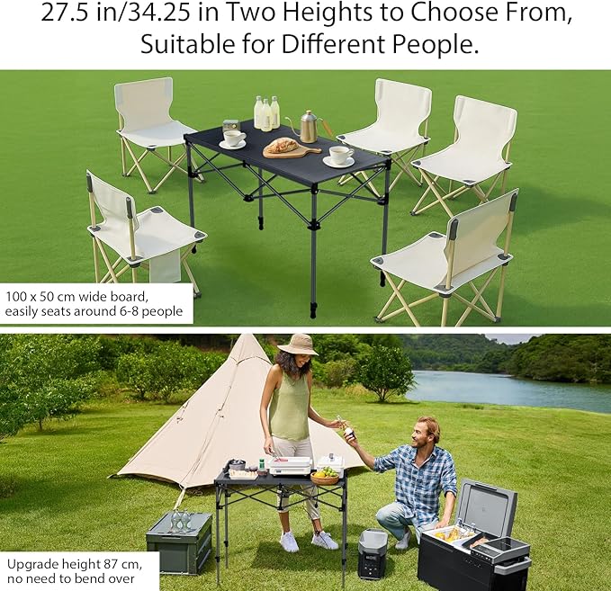 Anbte 34.2” Tall Camping Table Foldable 2 Adjustable Height Large Roll Up Camping Table Support 264lbs with Storage Basket and Bag Waterproof for Travel BBQ Outdoor Patio 39.4” x 19.7” Black