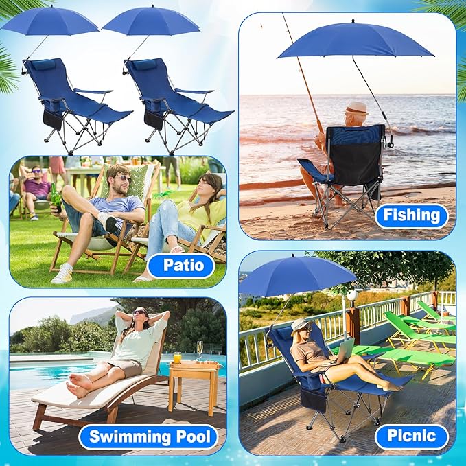 2 Set Reclining Camping Chair with Umbrella for Adult Folding Camping Chair with Foot Rest Adjustable Clamp Canopy Shade SPF 50+ Lounger for Outdoor Spring Summer Travel(BlueOxford)