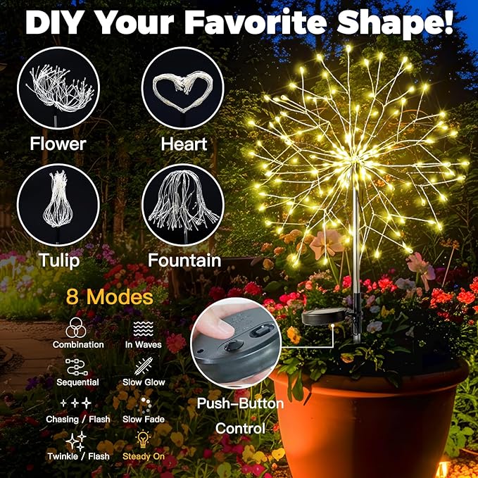 suddus Solar Garden Lights Outdoor Waterproof Decorative Upgrade 2Pack 150LED Firework Lights Solar Fairy Lights for Yard Garden Party Patio Pathway Flowerbed - Warm White