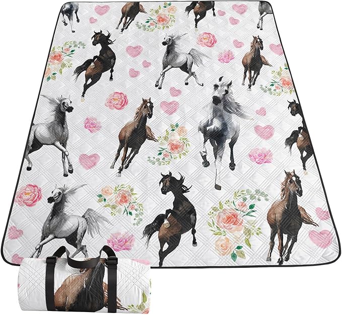 Outdoor Picnic BlanketPortable Sandproof Waterproof Picnic MatGalloping Horses Printed Camping Beach Mat for Sand and Wet Grass Hiking (Galloping Horses L)