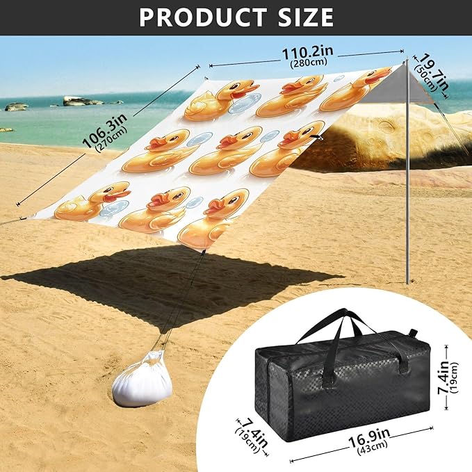 ALAZA Animal Duck Beach Tent Sun Shelter UPF50+ Protection Beach Shade Canopy w/ 4 Sandbags for Outdoor Camping Fishing Backyard Fun Picnic 10x9 ft
