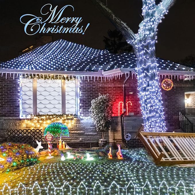 JMEXSUSS 360 LED Net Christmas Lights Outdoor Waterproof Connectable 12ft x 5ft Net Lights Outdoor Mesh Light with Remote 8 Modes Plug in White Christmas Light for Bushes Christmas Decorations