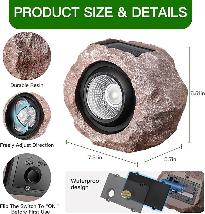 4 Pack Solar Rock Lights Outdoor Angle Adjustable Solar Lights Outdoor Waterproof LED Solar Garden Lights Auto On/Off Landscape Lighting for Yard Pathway Patio Flower Bed - White Glow (Stone Brown)