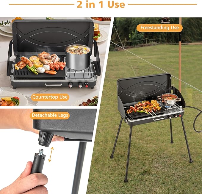Nightcore 2-Burner Propane Camping Stove Portable Camp Grill with Detachable Legs Roast Grill &amp 3-Sided Wind Screen 22000 Total BTUs of Power Outdoor Grill Stove for Camping BBQ Picnic Black