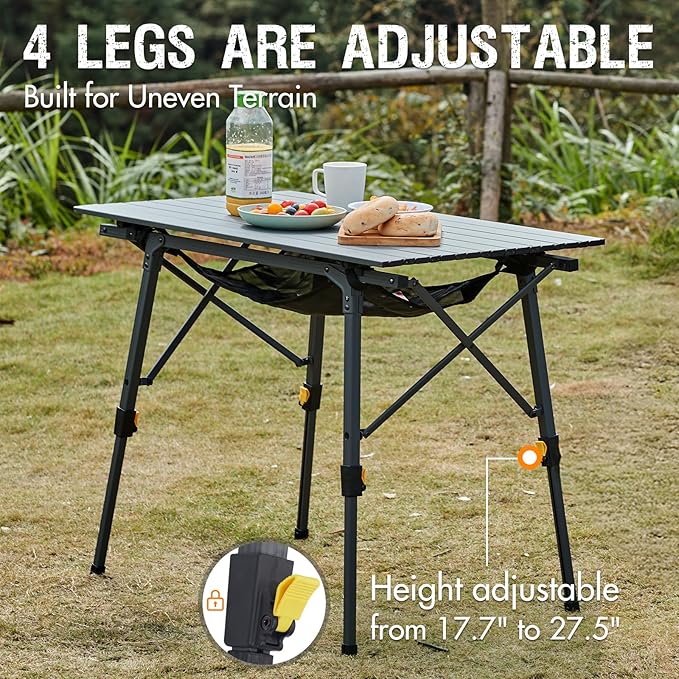 PORTAL Outdoor Folding Portable Picnic Camping Table with Adjustable Height Aluminum Roll Up Table Top Mesh Layer Dark Gray