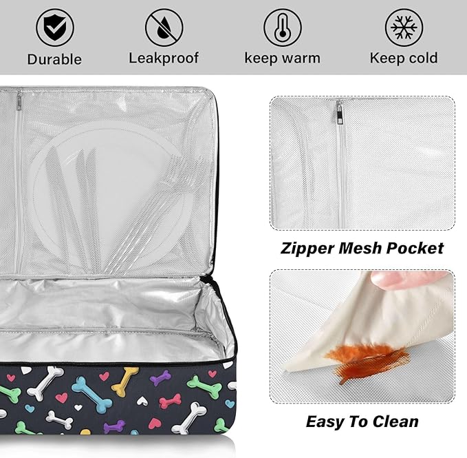 Casserole Carrier Colored Bones LoveInsulated Casserole Carrier for Hot or Cold Food Thermal Lunch Tote for Potluck Parties Picnic Beach Fits 9 x 13 Inches Baking Dish