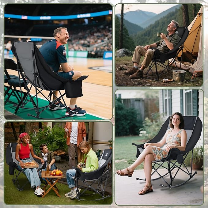 ABORON Oversized Rocking Camping Chair for Adults Fully Padded Folding Outdoor Lawn Chair with Cooler Bag &amp Side Pocket Portable Recliner Chair for Camp Patio Backyard Supports 400 lbs
