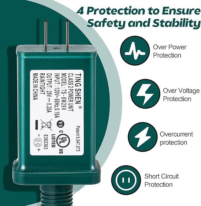 Enhon 29V LED Power Supply UL Certification LED Transformer Replacement Class 2 Power Supply Low Voltage Transformer US Plug Adapter for Christmas Tree Light Green Right Positive(TS-8W29V)