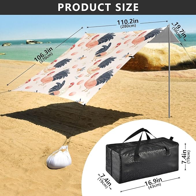 Rooster Eggs Pattern Camping Sun Shelter Beach Tent Portable Beach Sun Shade Outdoor Canopy for Camping Trips Fishing Picnic