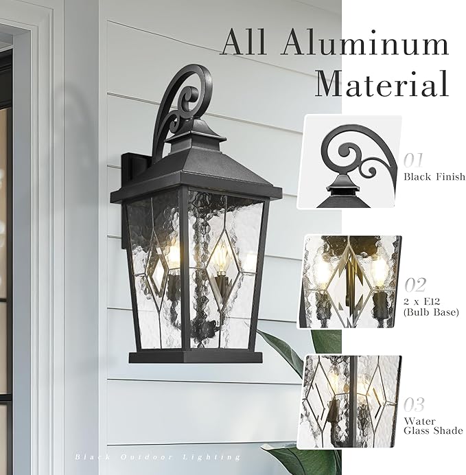 Emliviar 22.4 Large Outdoor Wall Light Matte Black Exterior Lighting Fixtures with Water Glass Shade Outside Wall Lantern with E12 Bulb Base WE301BM-SD BK