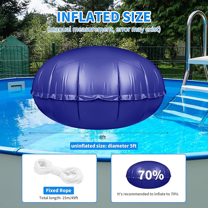 Round Pool Pillow for Above Ground Pools 10Ft Air Pillow for Closing Winter Winterizing Kit 0.5mm PVC Material 2X 16.5Ft Rope (Blue)