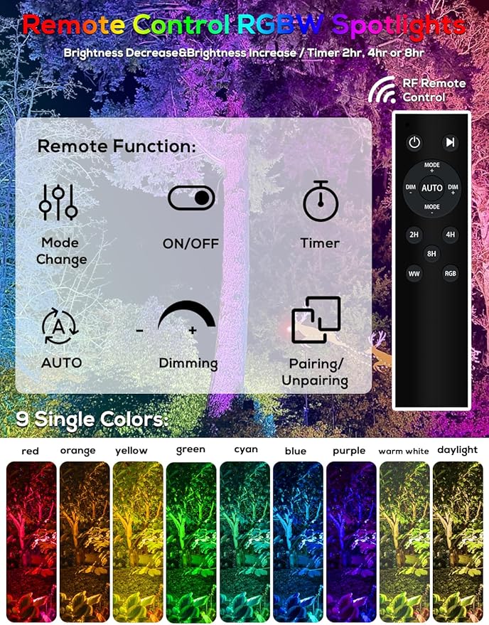 ZYAN Solar Color Changing RGB Spotlights with Remote 12000mAh Separate Monocrystalline Panels &amp USB-C Powered Auto On Off Outdoor IP65 Waterproof for Patio Yard Path (8 Pack)
