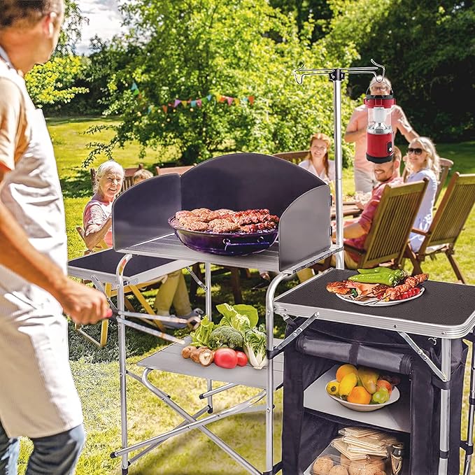 CampLand Folding Camping Kitchen Table with WindscreenPortable Outdoor Cooking Station with Storage Cabinet &amp Side Tables Heavy Duty Camp Cook Station for Camping &amp BBQ (Black)