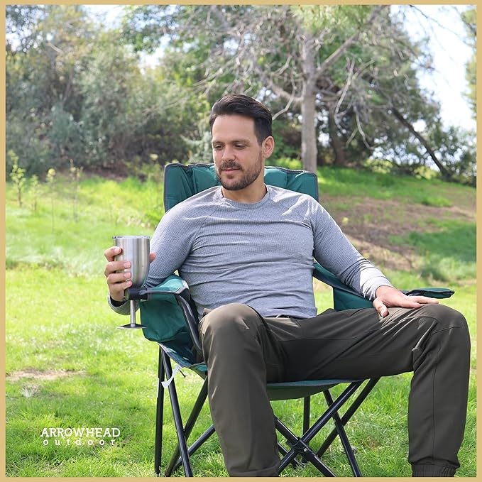 ARROWHEAD OUTDOOR 2-Pack Portable Folding Camping Quad Chair w/ 6-Can Cooler Cup &amp Wine Glass Holders Heavy-Duty Carrying Bag Padded Armrests Headrest &amp Seat Supports up to 550lbs