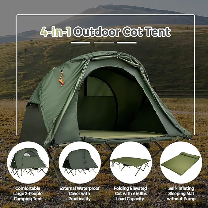 Tangkula 2-Person Tent Cot 4-in-1 Folding Tent with Waterproof Rainfly Self-Inflating Mattress &amp Roller Carrying Bag Portable Off Ground Elevated Tent with Shoe Storage Pocket &amp Lamp Hook