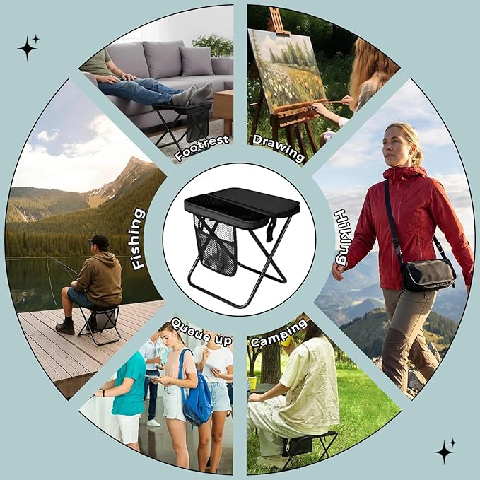 Portable Collapsible Stool - Folding Chair with Storage Pouch Convertible Satchel for Hands-Free Carry &amp Supports 265Lbs Ultralight for Hiking Fishing Camping Festivals (Black)