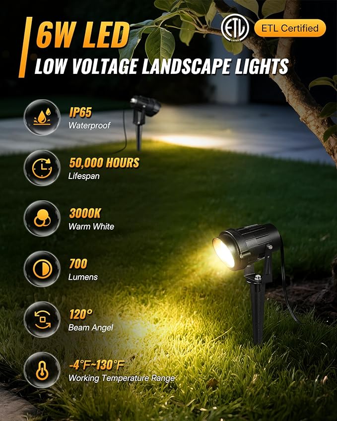6W 700LM Low Voltage Landscape Lighting 12V AC/DC 3000K Warm White LED Low Voltage Landscape Lights IP65 Waterproof Outdoor Spotlights with Connectors for Garden Tree Yard 10Pack W01SLP1006
