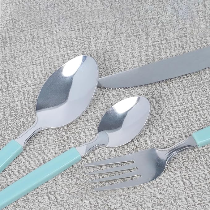 Silverware Set 40-Piece Stainless Steel Spoons and Forks Set with Organizer Color Handles Camping Flatware for 8 Dishwasher Safe（Green)
