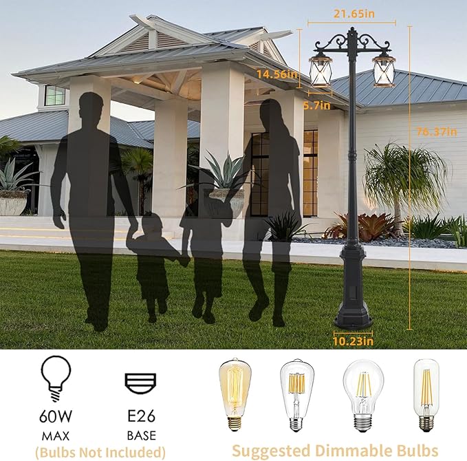 Dusk to Dawn Outdoor Lamp Post Lights with GFCI OutletDouble-Head Farmhouse Street Light FixtureAluminum Black Pole Exterior Lights Waterproof Lantern Outdoor Lighting