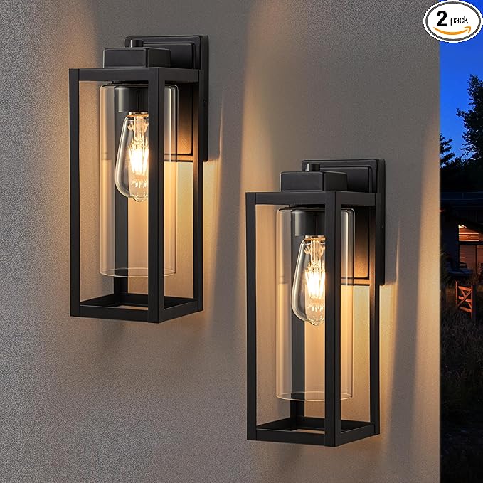 2-Pack 14in.Outdoor Wall LanternExterior Lighting FixtureE26 ScoketMatte Black Porch Light with Cylinder Clear Glass ShadeOutside Wall Light Sconce for PatioGaragePorchFront Door