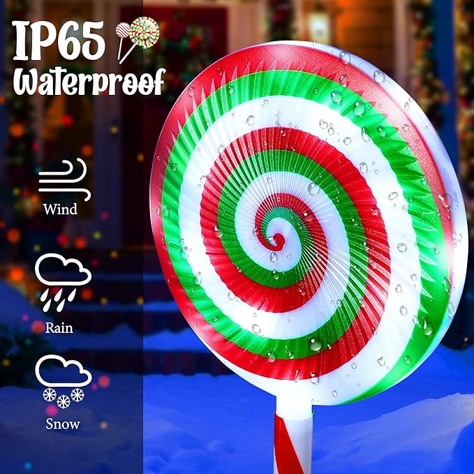 6 in 1 Lollipop Christmas Pathway Lights Outdoor 29 Inch Peppermint Pathway Markers Lights Lighted Candy Cane with 5 Modes and Music for Xmas Holiday Patio Yard Garden(RedWhiteGreen)