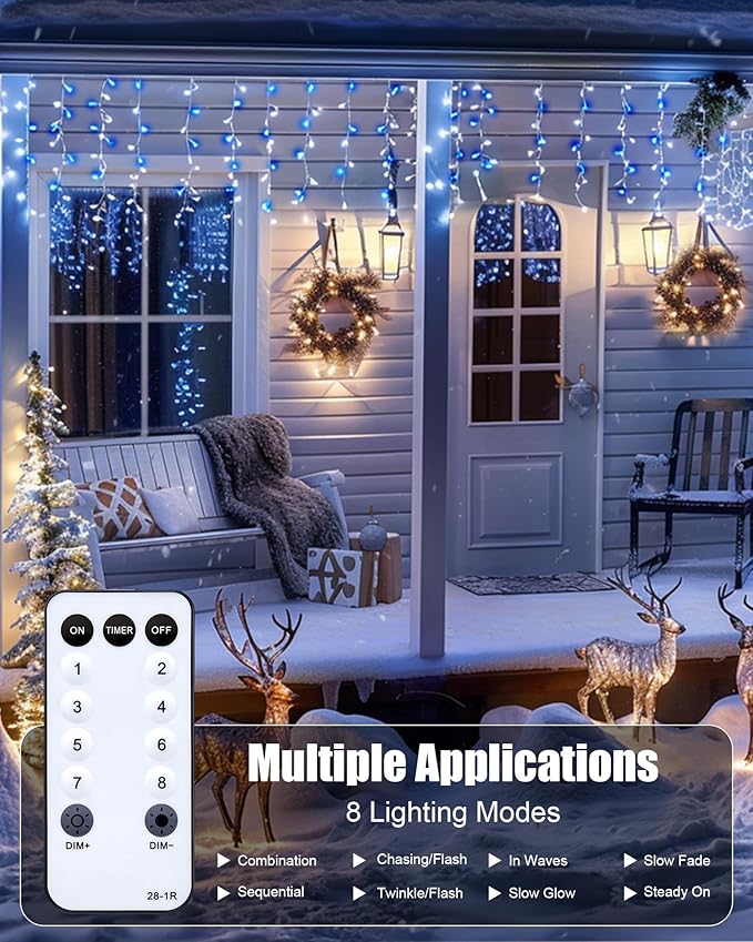 Minetom 100ft Christmas Icicle Lights for Outside832 LEDs Christmas String Lights 156 Drops with RemoteTimer FunctionDimmable Waterproof Outdoor Icicle Light