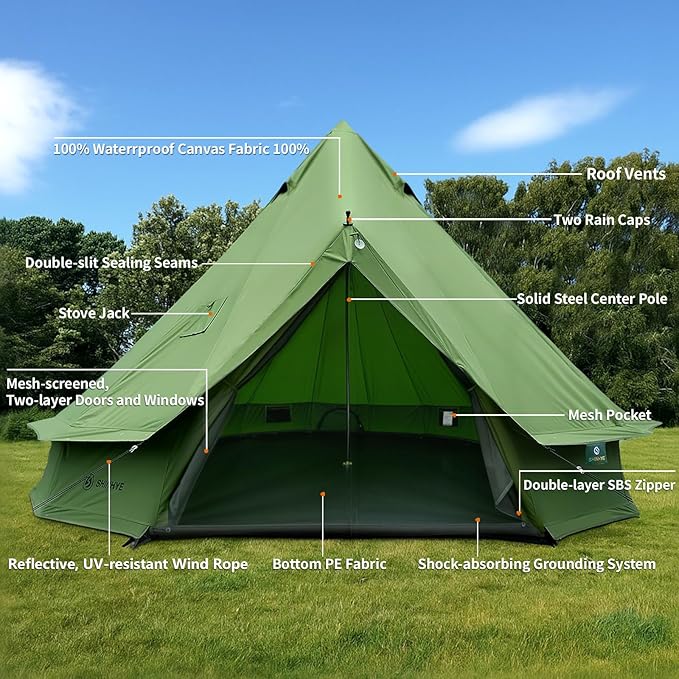 Canvas Bell Yurt Tent with Stove Jack Waterproof Luxury 4 Season Tents for Family Outdoor Camping 100% Cotton Green Glamping Tents for Hunting Partie All Year Living