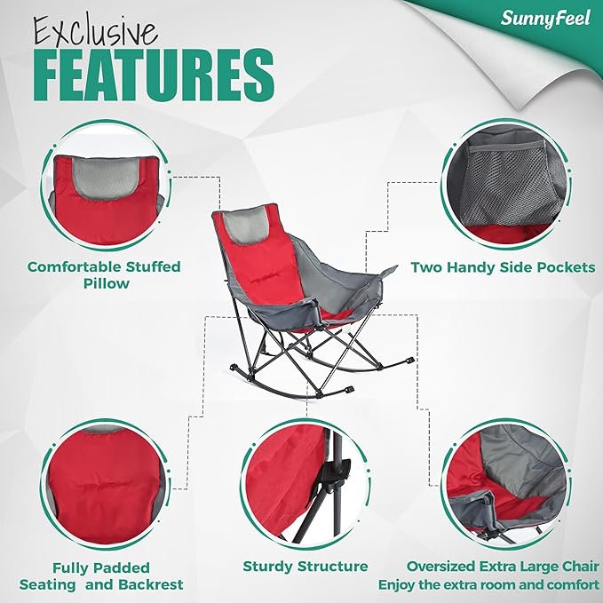 SUNNYFEEL Oversized Rocking Camping Chair 2 Pack Fully Padded Patio Chair with Side Pocket High Back Portable Lawn Recliner with Carry Bag Outdoor Rocker Camp Chairs for Adults Heavy Duty 500 LBS