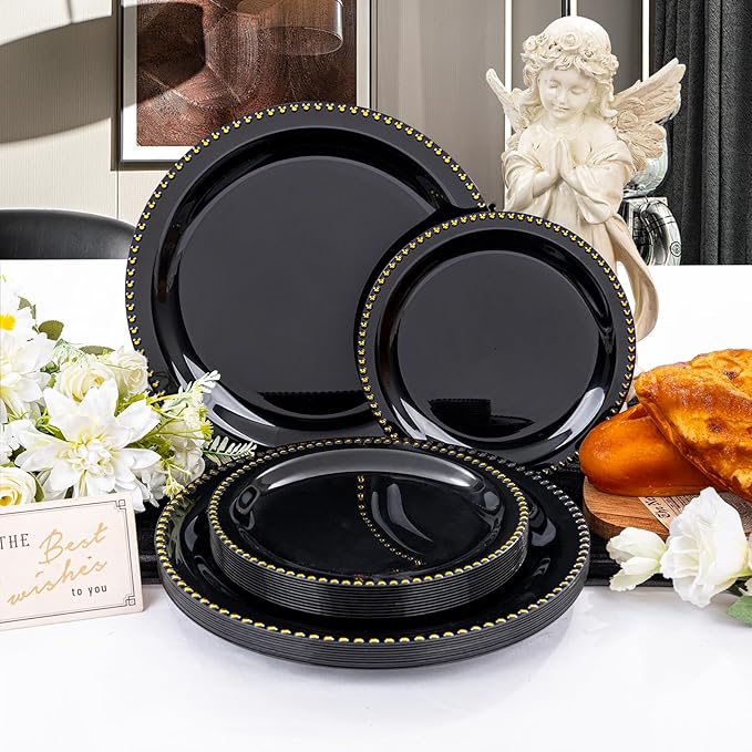 Rubtlamp 60Pcs Black Gold Plastic Plates Black Disposable Plates With Gold Beaded Heavyduty Plastic Plates Halloween Plates Include 30 Dessert Platos 30 Dinner Platos for Party