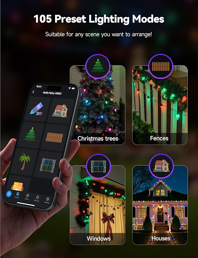 Minetom Smart C9 Christmas Lights Outdoor 100 LED 99FT Christmas Color Changing Fairy Lights App Control Music Sync 105 Preset Modes Connectable RGB C9 String Lights for House Indoor Xmas Decor