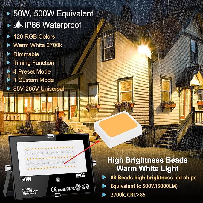 Outdoor LED Flood Light RGB Color Changing 500W Equivalent 2700k WarmWhite 5000LM Spotlight(Remote Control 120 Colors Strobe Dimmable24H Timer US 3-Plug)