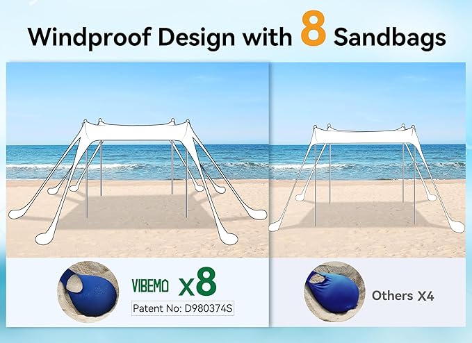 Beach Tent Beach Canopy Sun Shade with UPF50+ UV Protection 10x10ft Includes 8 Sandbags Sand Shovel Ground Pegs &amp 4 Stability Poles Pop Up Sun Shelter for Camping Picnics Backyard Fun