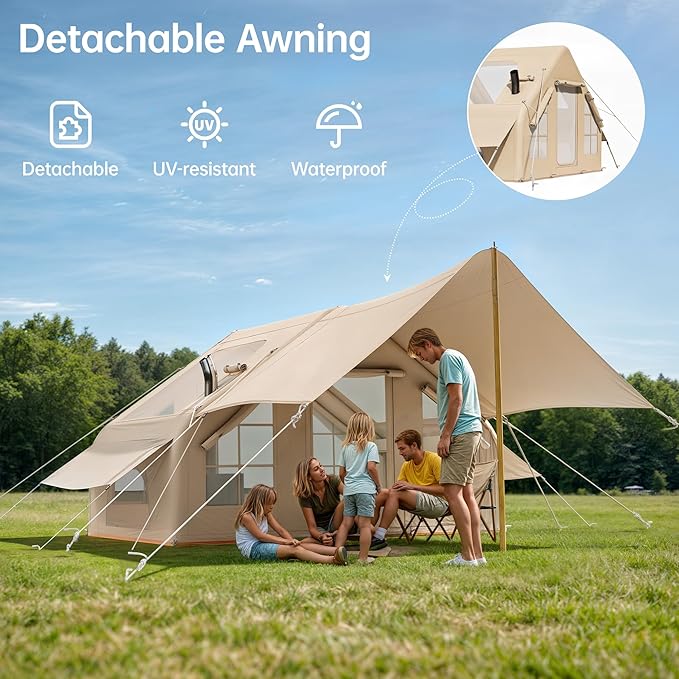 Inflatable Camping Tent with Pump &amp 1/2 Awnings 8-14 Person Air Tents for Camping Adult Large Waterproof Oxford Family Glamping Tent Quick Setup Big Tent for Outdoor Camping