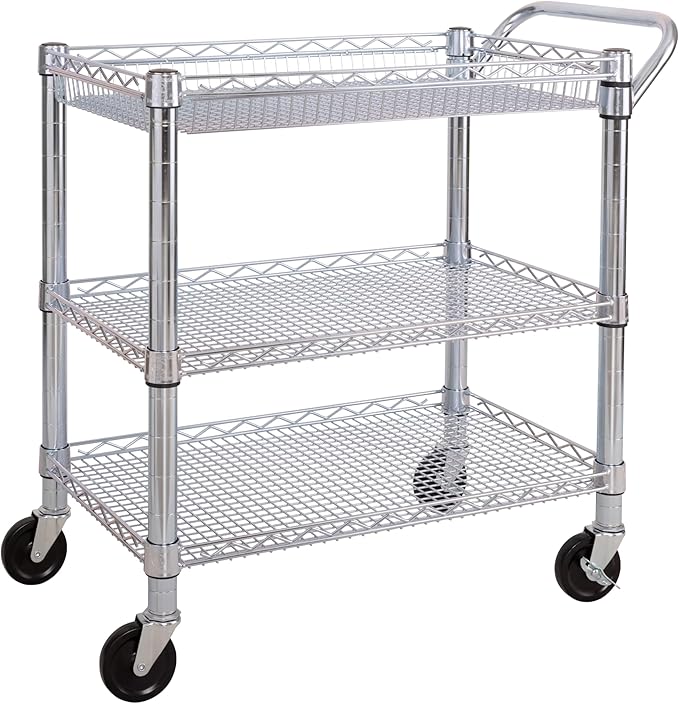 Seville Classics UltraDurable NSF Commercial Heavy Duty Metal Rolling Utility Cart Handle Bar for Restaurant Garage Warehouse Kitchen Office Deep Top Basket (34.8W x 18.25D)