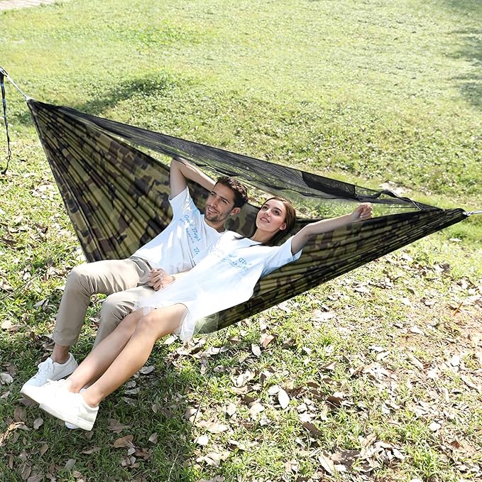 Camping Hammock with Mosquito Net and Ridge Rope Extra Large for 2 Person Lightweight Hanging Hammocks Tree Straps All-in-one Fast Open Hammock for Outside Hiking and Travel