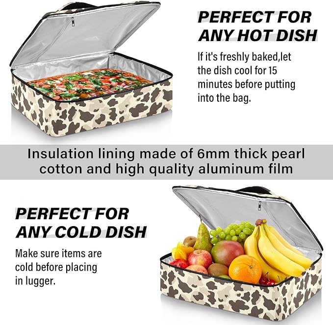 Casserole Carrier Cow Spots in Brown and BeigeInsulated Casserole Carrier for Hot or Cold Food Thermal Lunch Tote for Potluck Parties Picnic Beach Fits 9 x 13 Inches Baking Dish