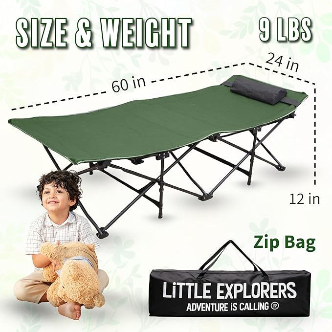 LITTLE EXPLORERS Kids cot Child Camping and Travel Cot Kids Cots for Sleeping Foldable Bed for Kid Includes Pillow and Bag | Age 3-12 | 60inch