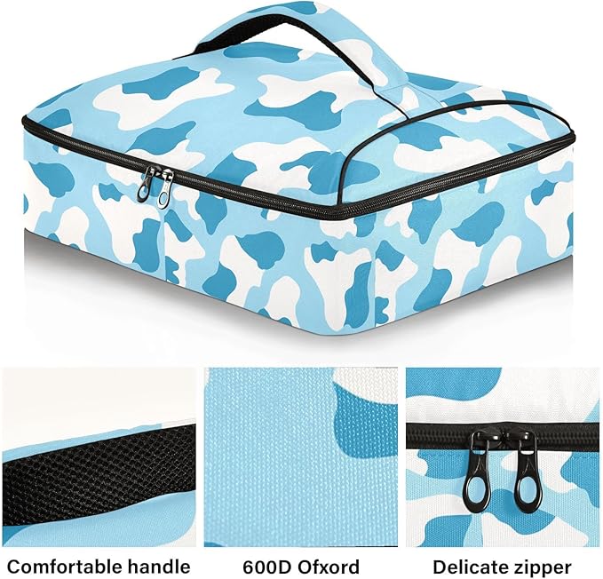 Casserole Carrier Blue and White Cow Print PatternInsulated Casserole Carrier for Hot or Cold Food Thermal Lunch Tote for Potluck Parties Picnic Beach Fits 9 x 13 Inches Baking Dish