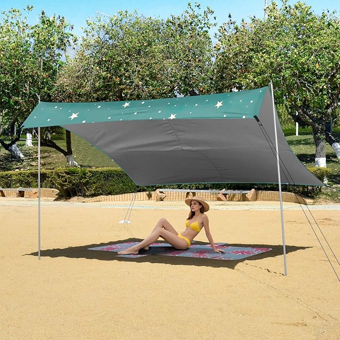 Cute White Bear Beach Tent Sun Shelter 9.2' x 10.5' Beach Canopy with 4 Sandbags 4 Stability Poles Sand Shovels - Tent Canopy for Beach Camping Fishing Picnics