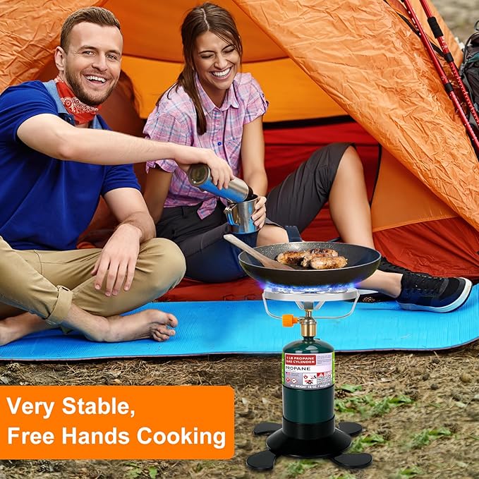 Camping Stove Propane Burner Portable Camp Stove with Foldable Gas Tank Base Adjustable Flame Backpacking Cooker for Camping Small Single Burner Propane Stoves Kit for Hiking Tent Outdoor Cooking