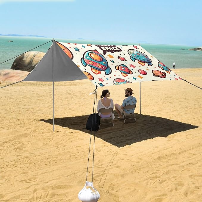 Cartoon Spaceship Cute Spaceship with The Word Camping Sun Shelter Beach Tent Portable Beach Sun Shade Outdoor Canopy for Camping Trips Fishing Picnic