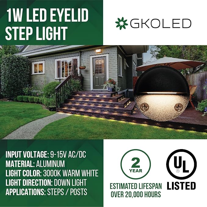 GKOLED 16-Pack Low Voltage LED Deck Light Fixture Mini Size Eyelid Step Lights with 0.8W 3000K Integrated LED Chips IP65+ Waterproof for Outdoor Die-cast Aluminum with Powder Coated Finish