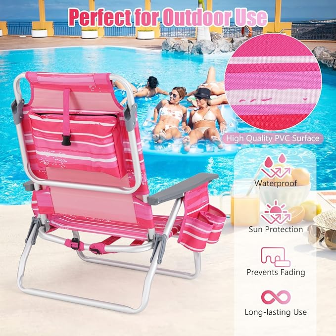 GYMAX Beach Chairs Backpack Camping Chair with Armrest Cooler Bag Cup Holder Towel Bar &amp Side Pockets Sunbath Sling Tanning Lounge Folding Layout Chair (Without Table Pink Stripe)
