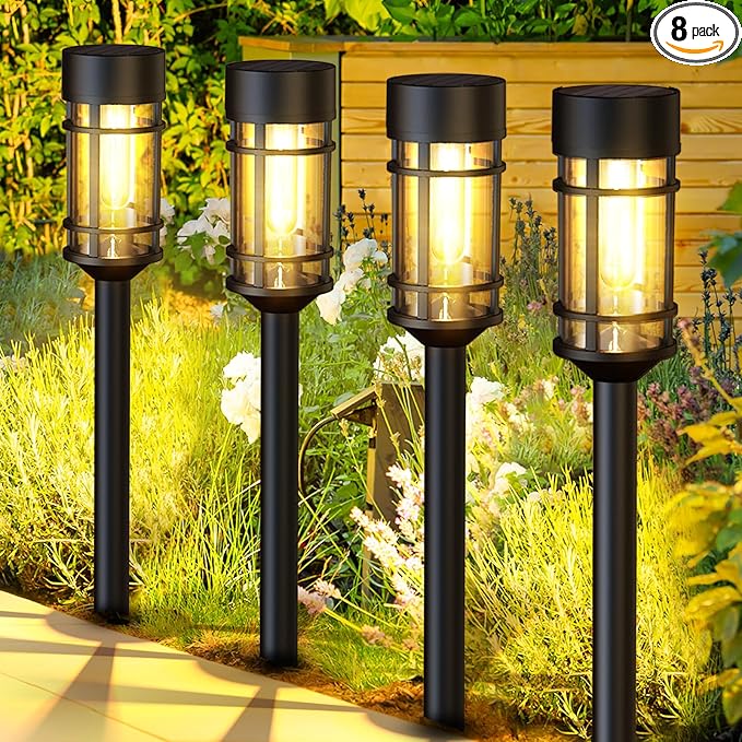 Solar Lights Outdoor Waterproof 8 Pack 21 Solar Pathway Lights with Metal &amp Glass Auto On/Off Garden Lights for Yard Landscape Driveway Walkway