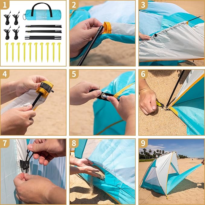 Leader Accessories 2-3 Person Portable Beach Tent UPF 50+ Beach Shade Tent Beach Tent Sun Shelter Canopy with Extendable Floor Blue