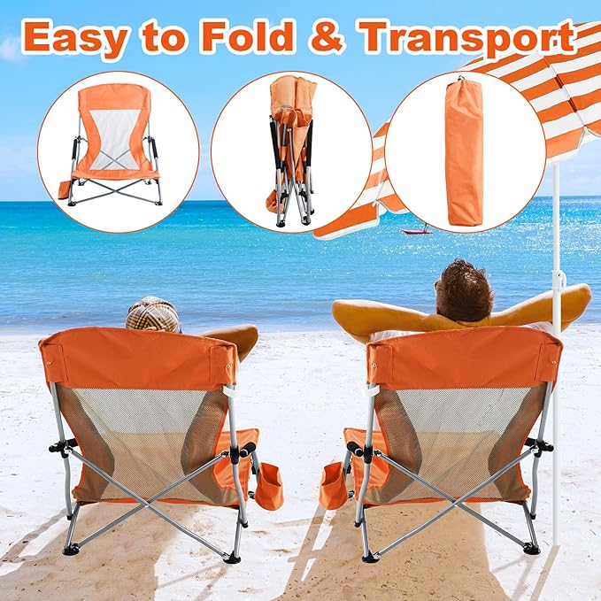 Huwena 2 Pack Beach Chair for Adult with 2 Umbrella Low Folding Chair Detachable Adjustable Lightweight with Armrests Cup Holder Carry Bag Portable for Sand Camping Travel Outdoor Pool (Orange)