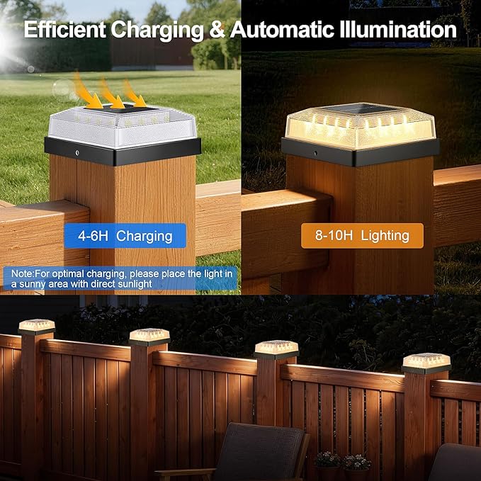 Brightever Solar Post Cap Lights Outdoor 6-Pack Solar Fence Post Lights with 3 Lighting Modes Fits 4x4 Vinyl/Wood Posts Black Solar Powered Waterproof Deck Post Lights for Garden Patio Porch